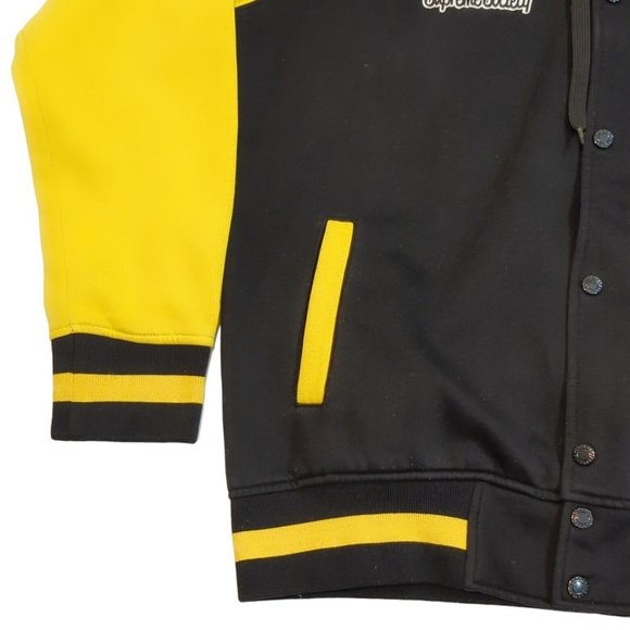 Supreme Society Men's Size Large Varsity Jacket Hooded Black Yellow Snap Button - Picture 6 of 13